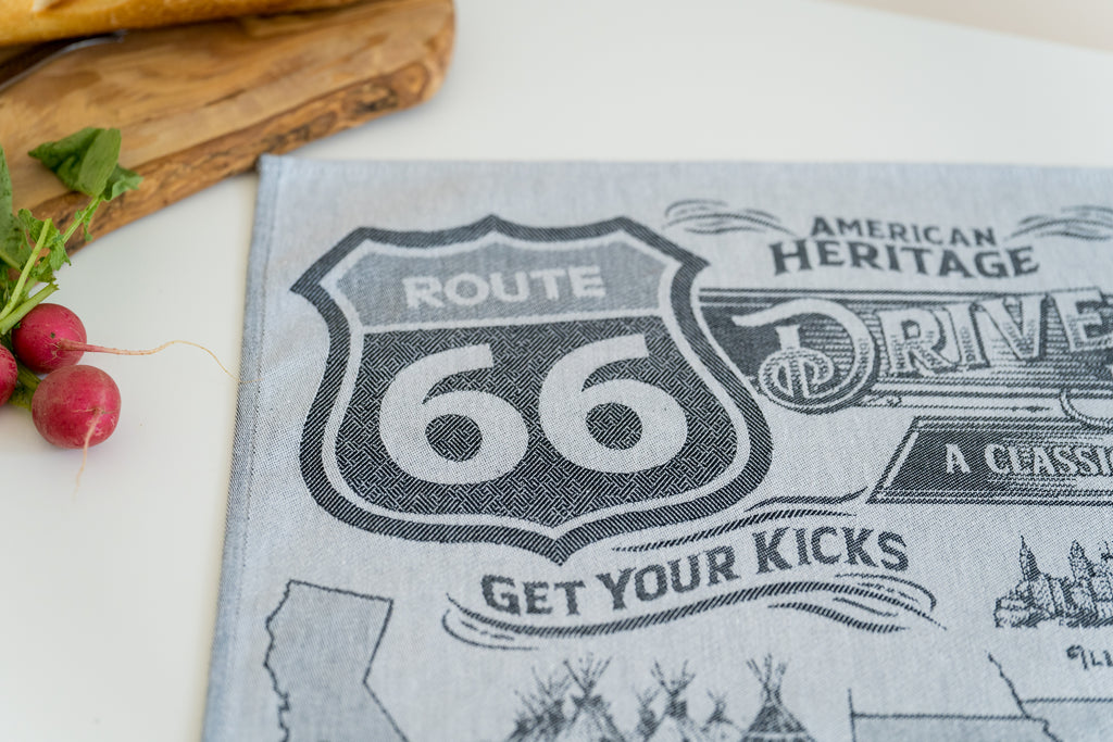 Route 66 Jacquard Woven Kitchen Tea Towel - Black - Old Highway 66 Sign - Crystal Arrow
