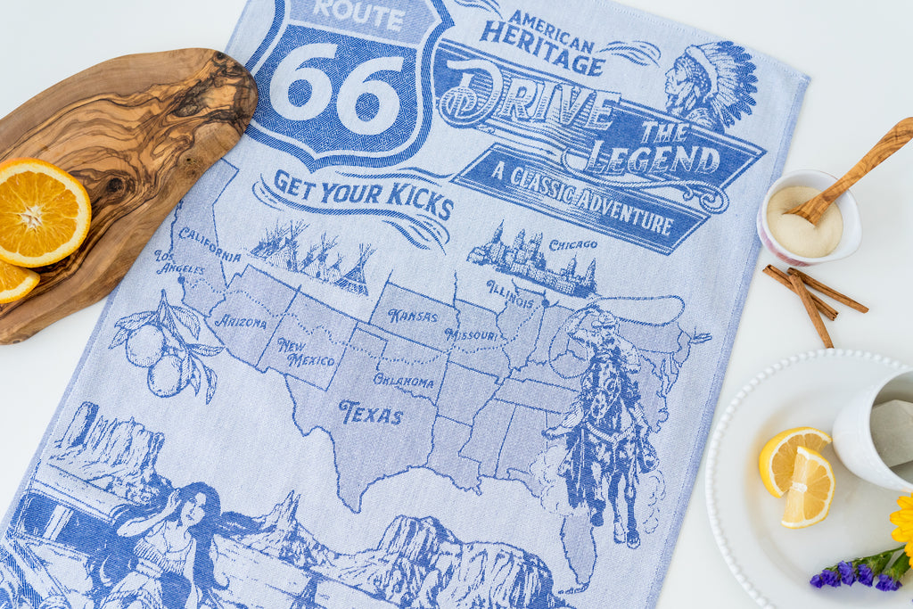 Route 66 Jacquard Woven Kitchen Tea Towel - Blue - Old Highway 66 Sign - Crystal Arrow