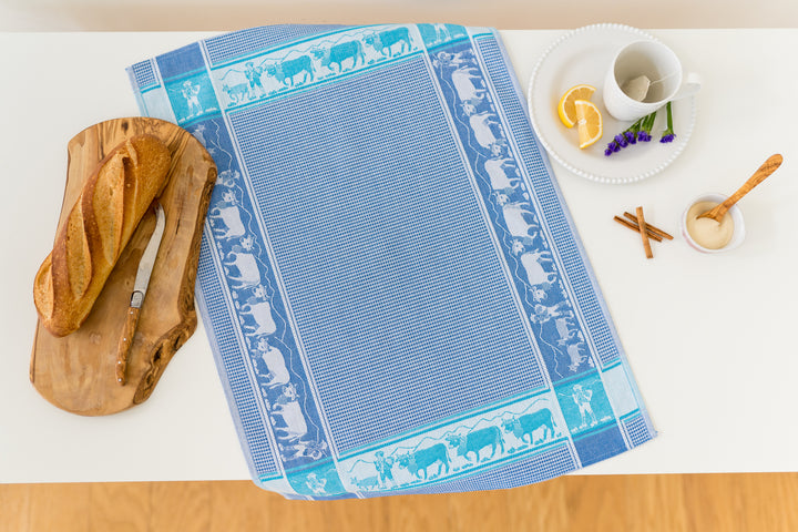 Swiss Cows Jacquard Woven Kitchen Tea Towel - Blue - Crystal Arrow