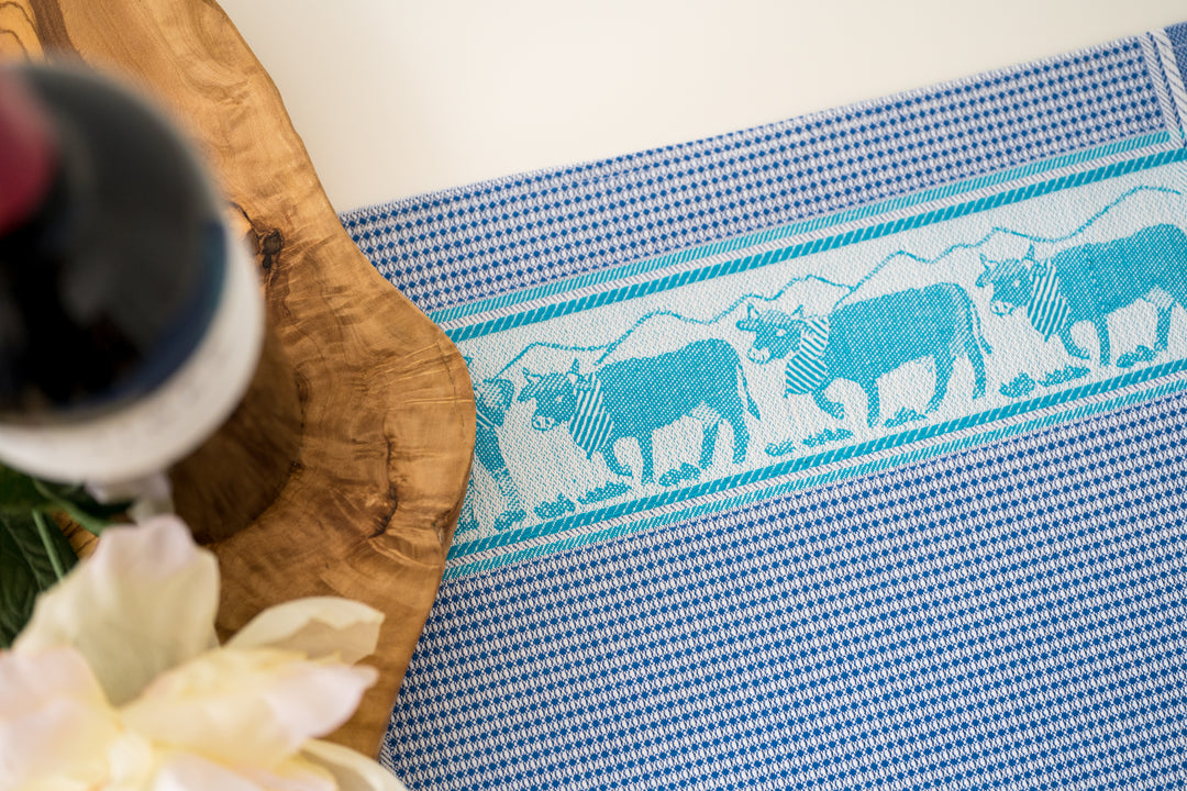 Swiss Cows Jacquard Woven Kitchen Tea Towel - Blue - Crystal Arrow
