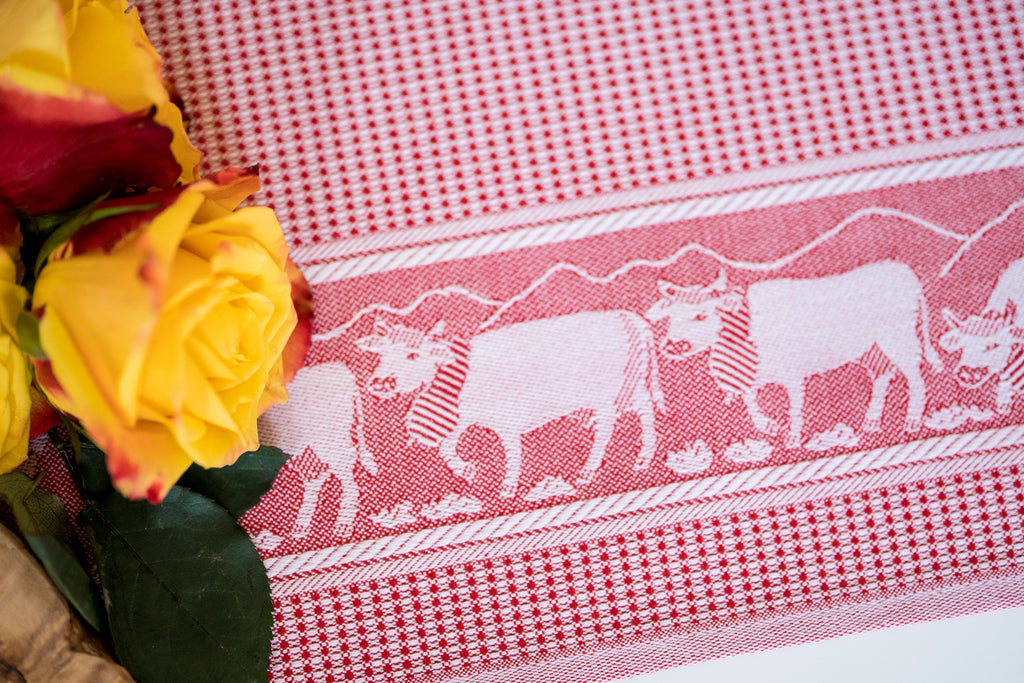 Swiss Cows Jacquard Woven Kitchen Tea Towel - Red - Crystal Arrow