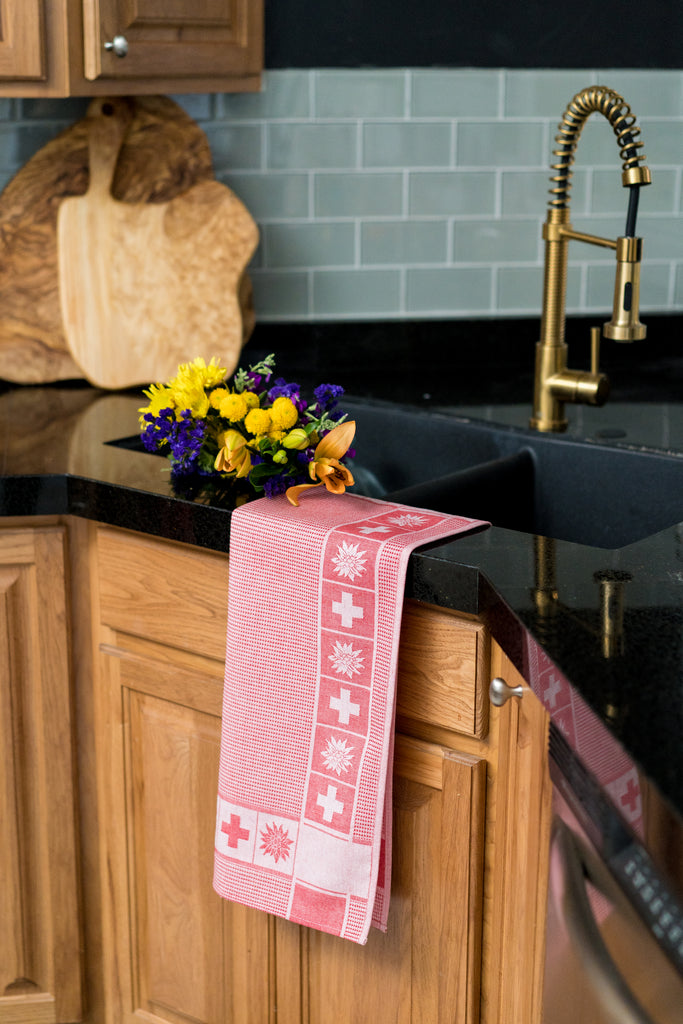 Swiss Cross Edelweiss Jacquard Woven Kitchen Tea Towel - Red - Crystal Arrow