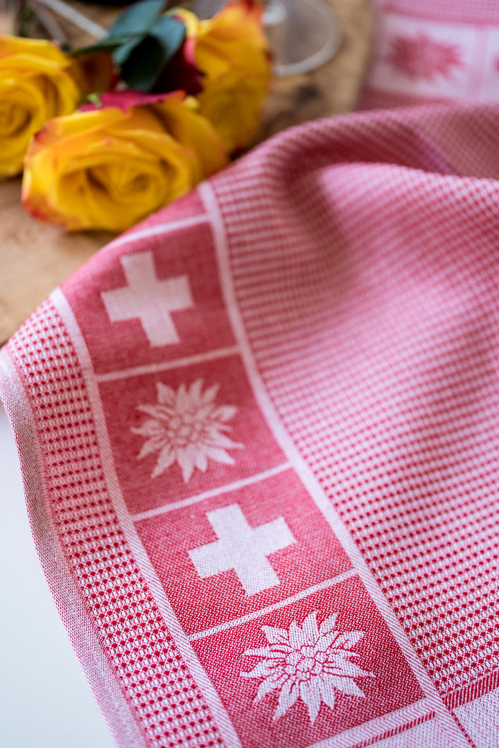 Swiss Cross Edelweiss Jacquard Woven Kitchen Tea Towel - Red - Crystal Arrow