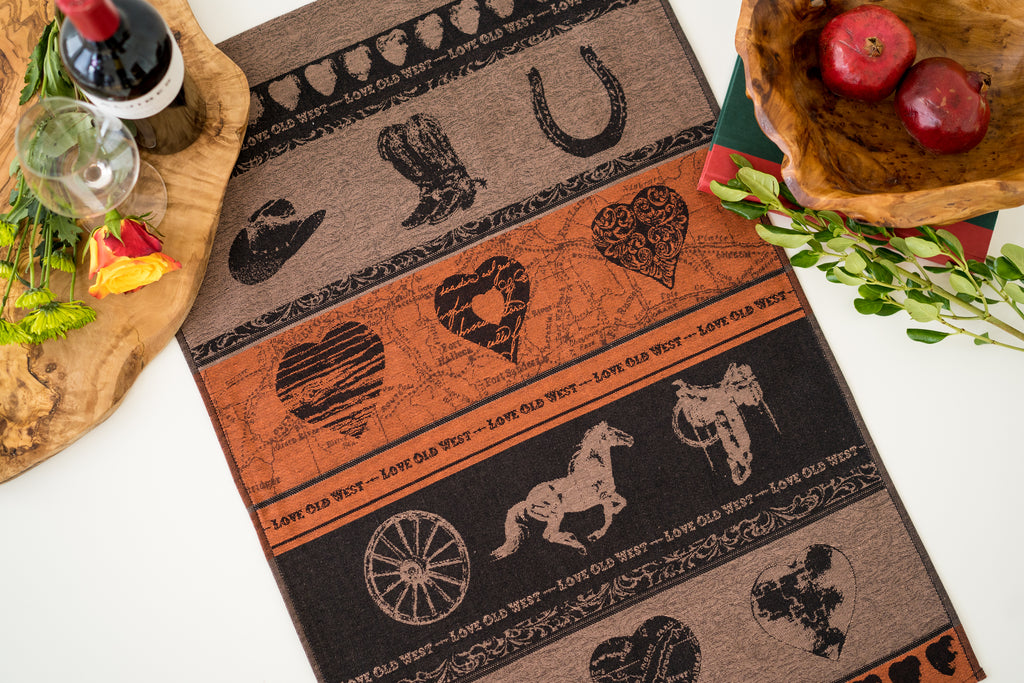 Love Old West Jacquard Woven Kitchen Tea Towel - Brick / Brown - Crystal Arrow