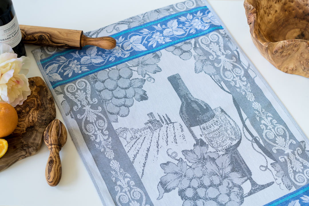 Wine Jacquard Woven Kitchen Tea Towel - Gray with Blue - Crystal Arrow
