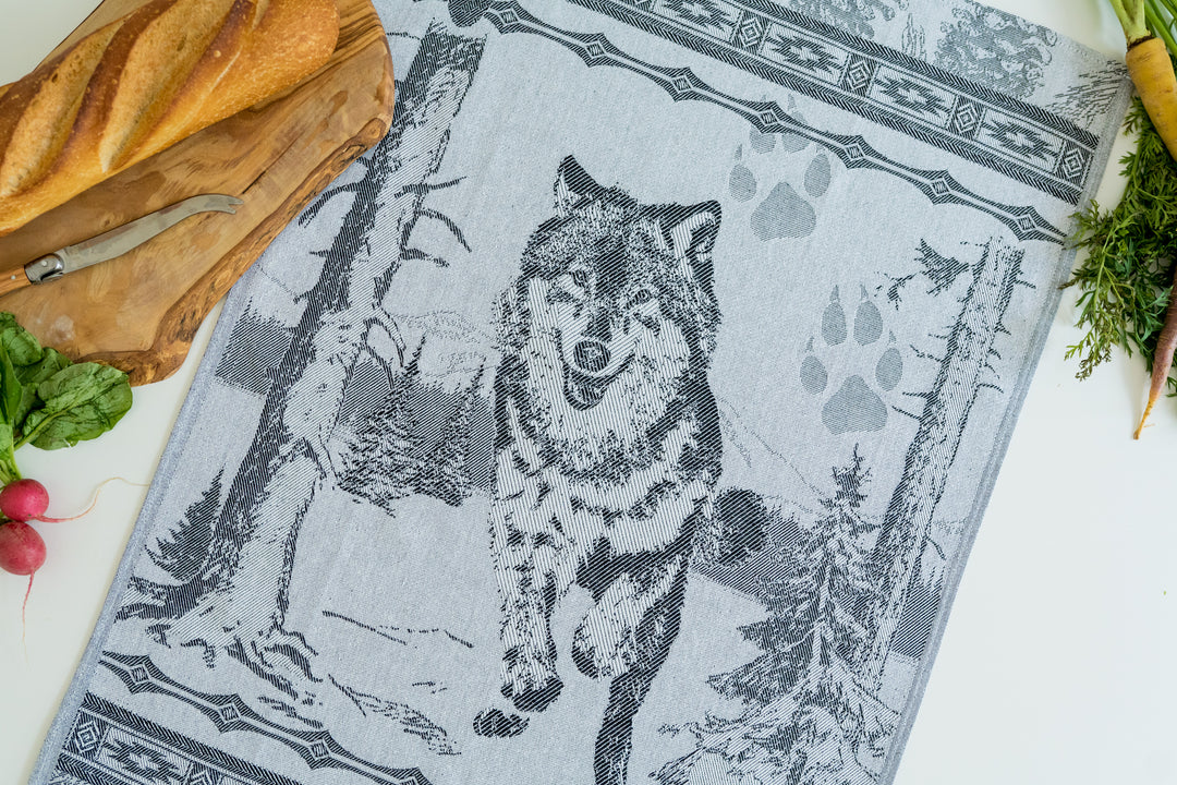 Wolf Jacquard Woven Kitchen Tea Towel - Black - Crystal Arrow