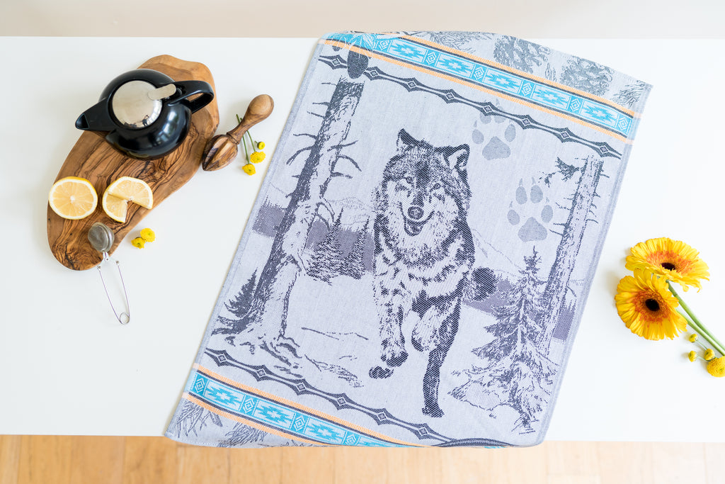 Wolf Jacquard Woven Kitchen Tea Towel - Black with Turquoise and Yellow Border - Crystal Arrow