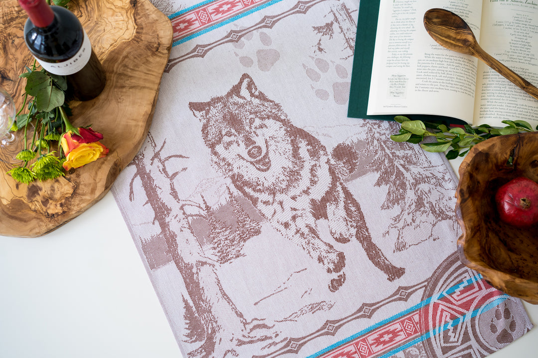 Wolf Jacquard Woven Kitchen Tea Towel - Brown with Turquoise and Red Border - Crystal Arrow