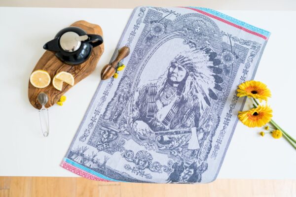 Indian Jacquard woven tea towel Black Turq red