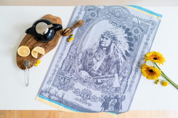 Indian Jacquard woven tea towel Black Turq yellow