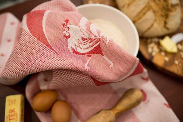 Rooster Jacquard woven tea towel - Red